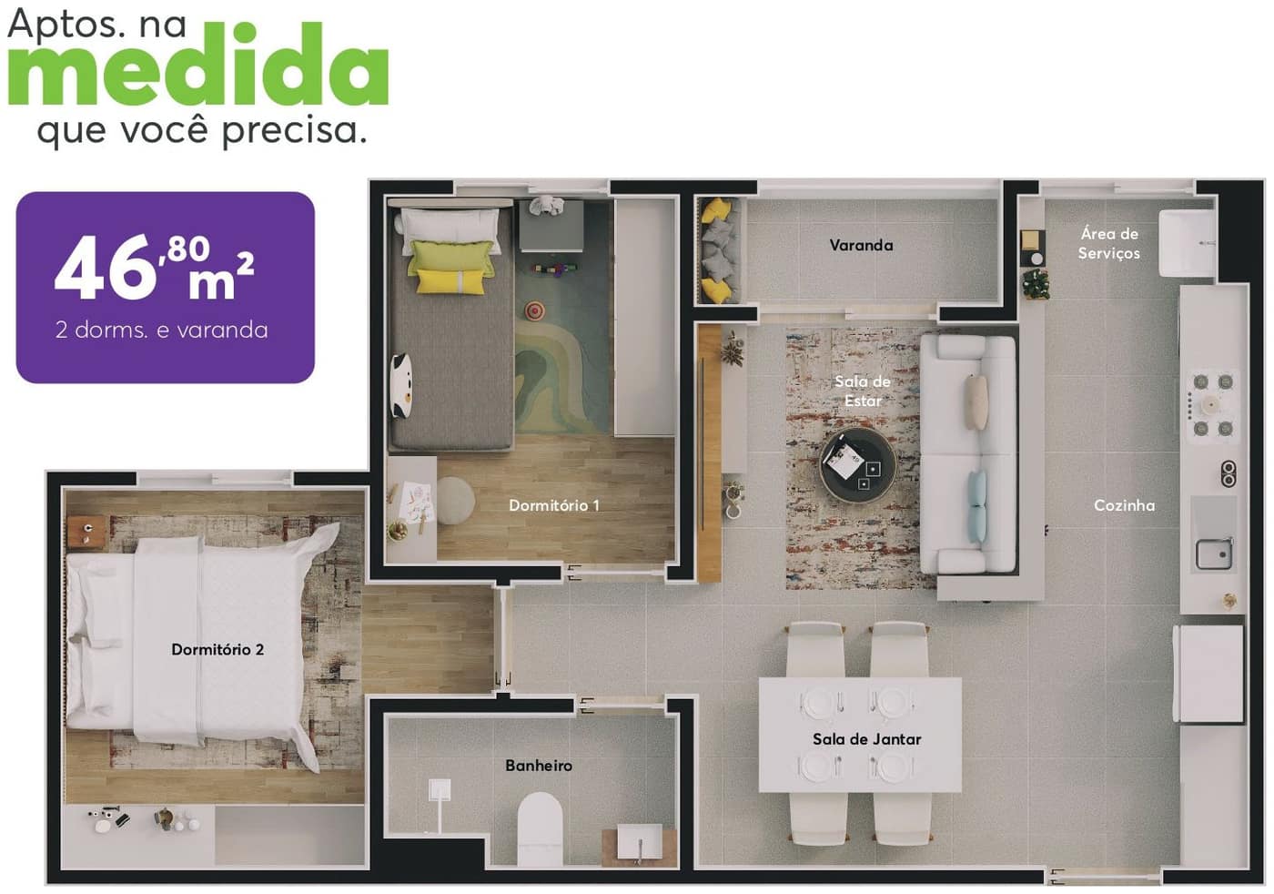 Planta humanizada do apartamento de 46,80 m² com 2 dormitórios e varanda