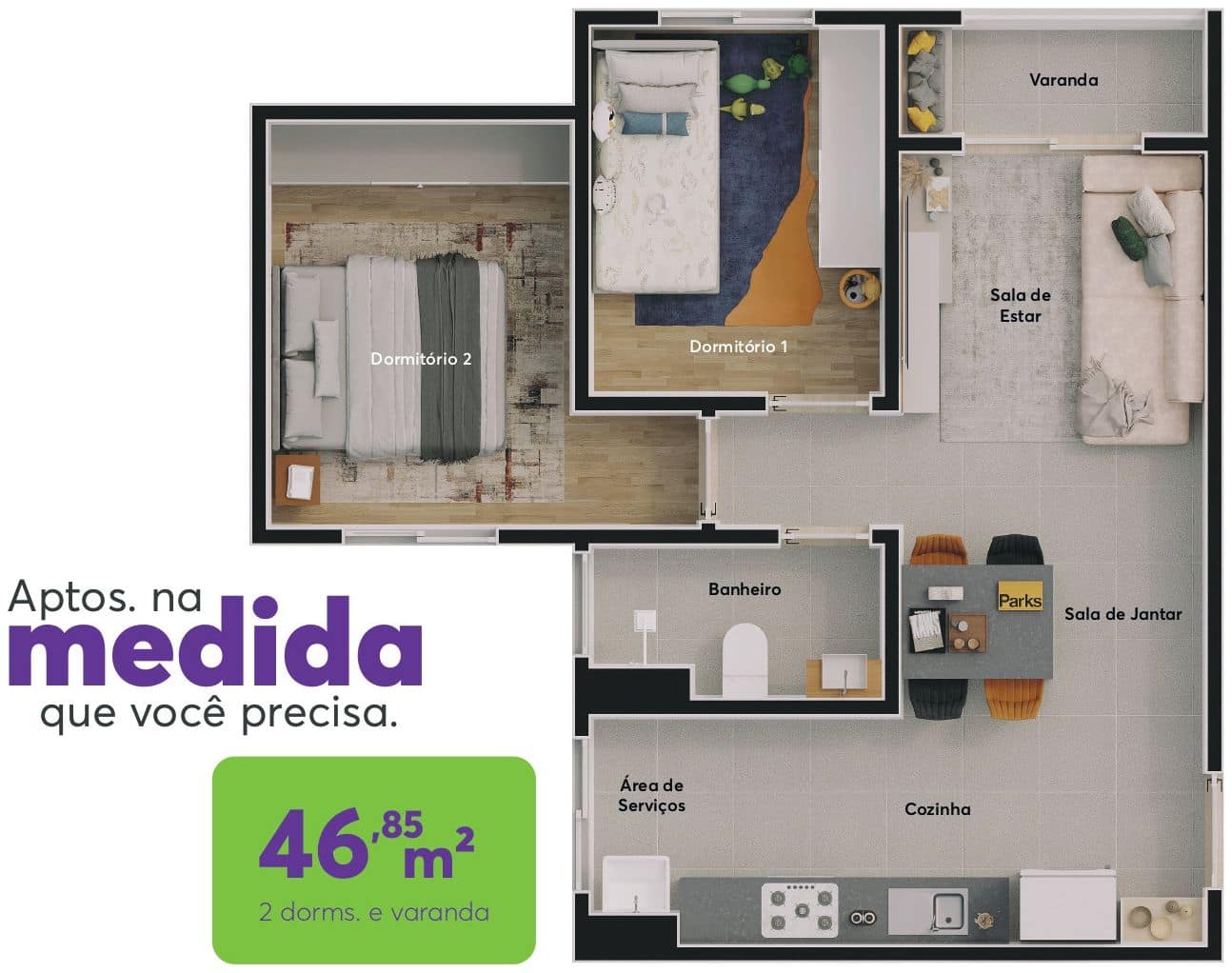 Planta humanizada do apartamento de 46,85 m² com 2 dormitórios e varanda