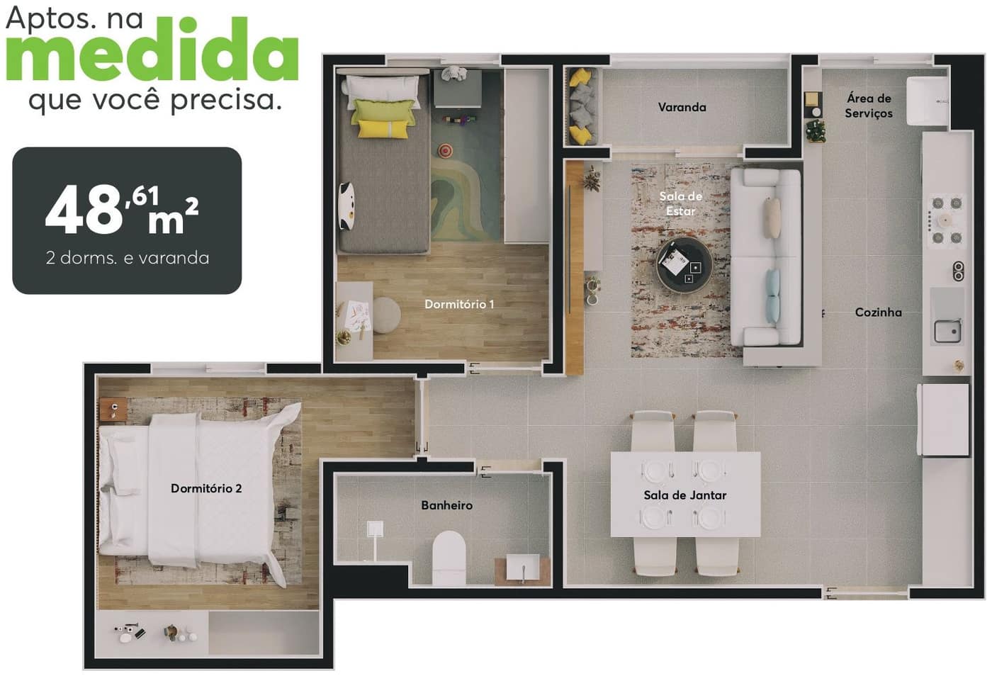 Planta humanizada do apartamento de 48,61 m² com 2 dormitórios e varanda